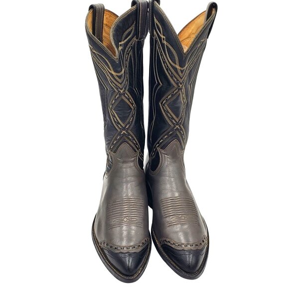Vintage Tony Lama Men's size 9E Gray Black leather lizard wing tip Cowboy boots - Picture 1 of 16